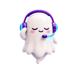 Ghost mascot wearing headphones, calmly listening to an interview with eyes closed