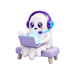 Ghost mascot sitting on a bench with a laptop, actively reading and speaking the AI answer